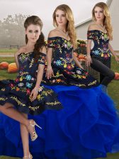 Royal Blue Sleeveless Embroidery and Ruffles Floor Length Ball Gown Prom Dress