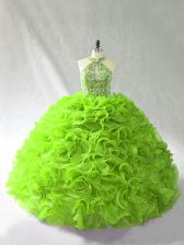 Graceful Ball Gowns Organza Halter Top Sleeveless Beading and Ruffles Floor Length Lace Up Quinceanera Gown