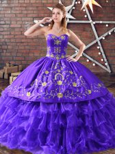 Deluxe Purple Sweetheart Lace Up Embroidery and Ruffled Layers 15 Quinceanera Dress Sleeveless