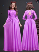 Graceful Chiffon Scoop Long Sleeves Lace Up Appliques Dama Dress in Lilac