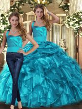 Fantastic Halter Top Sleeveless Lace Up Quinceanera Gown Teal Organza