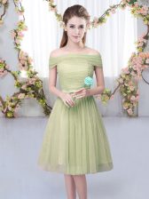 Nice Olive Green Empire Tulle Off The Shoulder Short Sleeves Belt Knee Length Lace Up Dama Dress for Quinceanera