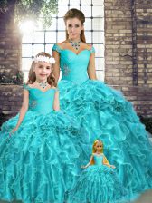 Super Aqua Blue Ball Gowns Off The Shoulder Sleeveless Organza Brush Train Lace Up Beading and Ruffles Vestidos de Quinceanera