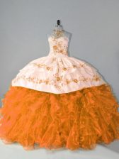 Excellent Floor Length Ball Gowns Sleeveless Orange Quinceanera Dresses Court Train Lace Up