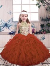Modern Sleeveless Lace Up Floor Length Beading and Ruffles Little Girl Pageant Dress