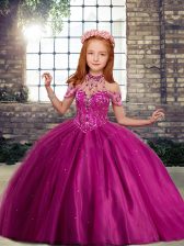 Customized High-neck Sleeveless Little Girls Pageant Gowns Floor Length Beading Fuchsia Tulle