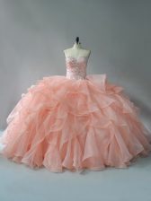 Eye-catching Peach Ball Gowns Beading and Ruffles Quinceanera Gown Lace Up Organza Sleeveless