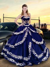  Sleeveless Satin Floor Length Lace Up Ball Gown Prom Dress in Royal Blue with Embroidery and Ruffled Layers