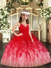 Fantastic Red and Multi-color Girls Pageant Dresses Party and Wedding Party with Ruffles V-neck Sleeveless Zipper