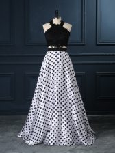  Scoop Sleeveless Zipper Prom Dresses White And Black Printed