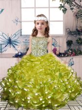  Olive Green Scoop Neckline Beading and Ruffles Kids Formal Wear Sleeveless Lace Up