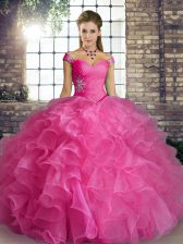  Rose Pink Ball Gowns Beading and Ruffles Sweet 16 Quinceanera Dress Lace Up Organza Sleeveless Floor Length