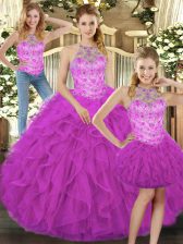 Exquisite Floor Length Lace Up Vestidos de Quinceanera Fuchsia for Military Ball and Sweet 16 and Quinceanera with Beading and Ruffles