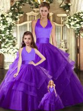 Dynamic Halter Top Sleeveless Tulle Quince Ball Gowns Ruching Lace Up