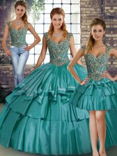 Pretty Floor Length Teal Quinceanera Dresses Taffeta Sleeveless Beading and Ruffled Layers