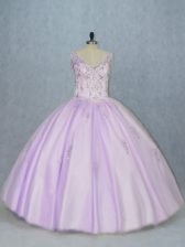  Lavender Sweet 16 Dresses Sweet 16 and Quinceanera with Beading V-neck Sleeveless Lace Up