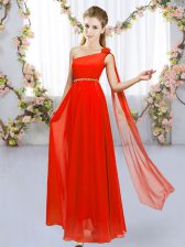 Eye-catching One Shoulder Sleeveless Lace Up Dama Dress for Quinceanera Red Chiffon
