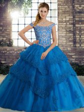  Lace Up Ball Gown Prom Dress Blue for Military Ball and Sweet 16 and Quinceanera with Beading and Lace Brush Train