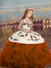 Rust Red Lace Up Straps Sleeveless Floor Length Little Girls Pageant Gowns Embroidery and Ruffles