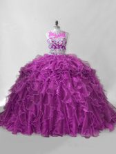 Chic Organza Sleeveless 15 Quinceanera Dress Brush Train and Beading and Ruffles