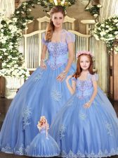 Popular Ball Gowns 15 Quinceanera Dress Light Blue Strapless Tulle Sleeveless Floor Length Lace Up