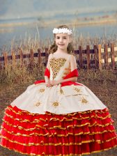 Customized Red Ball Gowns Straps Sleeveless Organza Floor Length Lace Up Beading and Embroidery and Ruffled Layers Child Pageant Dress