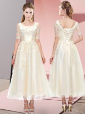 Exceptional Champagne Dama Dress Wedding Party with Beading and Lace Scoop Short Sleeves Lace Up