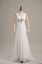  Straps Sleeveless Chiffon Prom Dress Beading Brush Train Lace Up