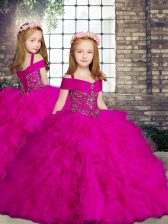 Beautiful Fuchsia Ball Gowns Straps Sleeveless Tulle Floor Length Lace Up Beading and Ruffles Kids Formal Wear