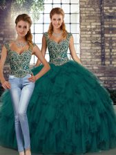  Two Pieces Quinceanera Gowns Peacock Green Straps Organza Sleeveless Floor Length Lace Up