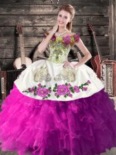 Modern White And Purple Ball Gowns Organza Off The Shoulder Sleeveless Embroidery and Ruffles Floor Length Lace Up 15th Birthday Dress