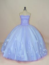 Deluxe Sleeveless Tulle Floor Length Side Zipper Sweet 16 Dresses in Lavender with Beading and Hand Made Flower