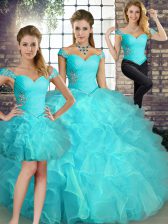  Off The Shoulder Sleeveless Sweet 16 Quinceanera Dress Floor Length Beading and Ruffles Aqua Blue Organza