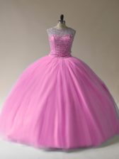 New Arrival Baby Pink Tulle Lace Up Vestidos de Quinceanera Sleeveless Floor Length Beading