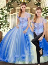 Best Floor Length Lace Up Quinceanera Gown Blue for Military Ball and Sweet 16 and Quinceanera with Beading and Ruffles