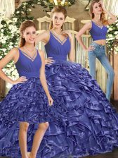 Edgy Lavender Quinceanera Gown Sweet 16 and Quinceanera with Ruffles V-neck Sleeveless Brush Train Backless