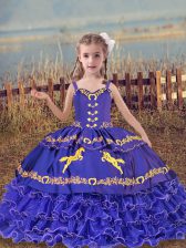 Hot Sale Straps Sleeveless Child Pageant Dress Floor Length Beading and Embroidery and Ruffled Layers Blue Organza