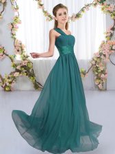 One Shoulder Sleeveless Dama Dress Floor Length Ruching Peacock Green Chiffon