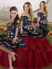  Wine Red Lace Up Off The Shoulder Embroidery and Ruffled Layers 15th Birthday Dress Tulle Sleeveless Brush Train