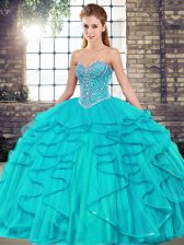 Amazing Aqua Blue Sleeveless Floor Length Beading and Ruffles Lace Up Vestidos de Quinceanera