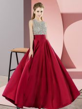  Scoop Sleeveless Backless Prom Dresses Wine Red Elastic Woven Satin