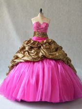 Low Price Sleeveless Beading and Pick Ups Lace Up Sweet 16 Dresses with Hot Pink Brush Train