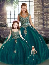 Admirable Peacock Green Sleeveless Floor Length Beading and Appliques Lace Up Sweet 16 Dress