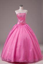  Floor Length Rose Pink Sweet 16 Dresses Organza Sleeveless Embroidery