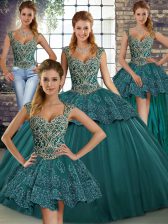 New Style Green Ball Gowns Straps Sleeveless Tulle Floor Length Lace Up Beading and Appliques Vestidos de Quinceanera