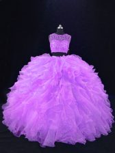 Luxury Lavender Two Pieces Organza Scoop Sleeveless Beading and Ruffles Floor Length Zipper Vestidos de Quinceanera