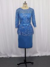 Latest Blue Column/Sheath Scoop Long Sleeves Satin Mini Length Zipper Lace and Appliques 