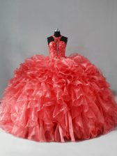 Low Price Beading and Ruffles Sweet 16 Dresses Coral Red Zipper Sleeveless Brush Train
