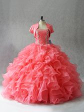 Custom Design Floor Length Ball Gowns Sleeveless Watermelon Red Sweet 16 Quinceanera Dress Lace Up