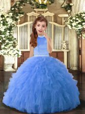 High End Floor Length Blue High School Pageant Dress Halter Top Sleeveless Backless
